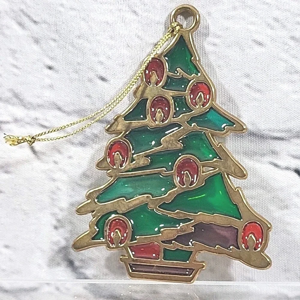 Stained Glass Christmas Tree Holiday Ornament Gold Tone Traditional